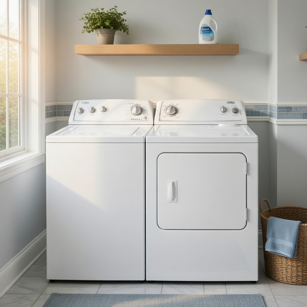 Beautiful modern laundry room with premium washer and dryer set in a bright, clean apartment